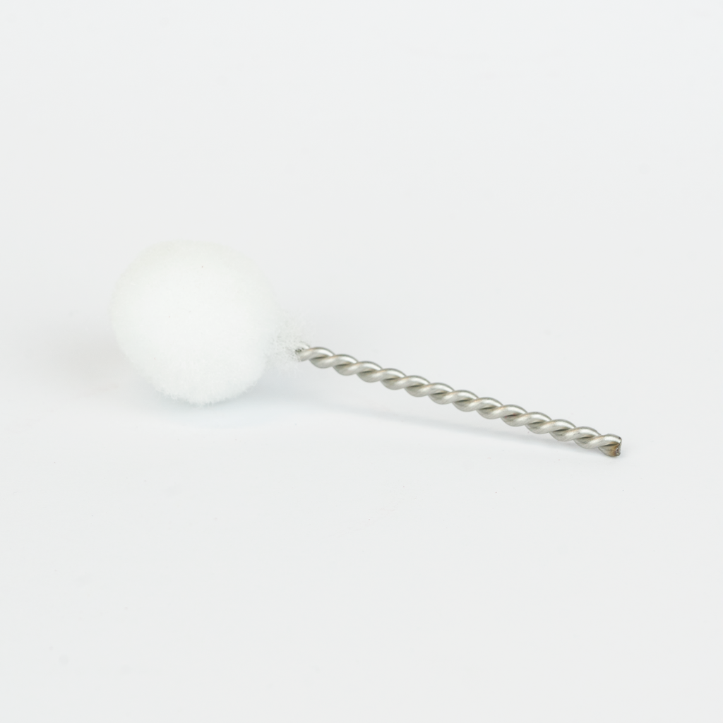 Bosko replacement primer brush with white bristle head and twisted wire stem, lying flat on white background
